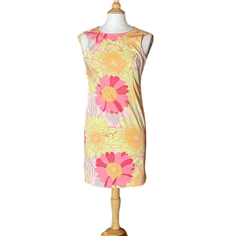 Talbots Yellow, Pink Cotton Floral  Tropical Sleeveless Sheath Dress, Size 2P